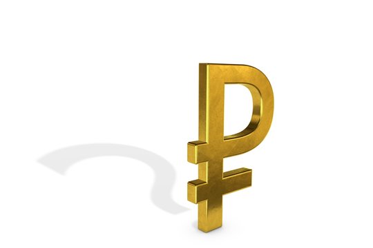 3d illustration: Gold symbol of the Russian rouble with a shadow  in the shape of a question mark  isolated on white background. Financial and economic concept. What will happen to the ruble?