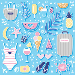 Collection of travel vacations. Vector summer set