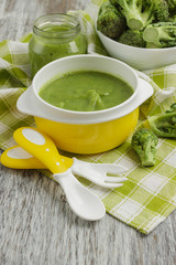 Fresh broccoli in the bowl, and portion of puree made from crushed, boiled broccoli