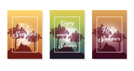 Colorful vector poster set. Illustration of palm, summer background. Eps10
