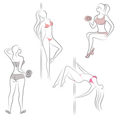 Collection. Silhouettes of lovely ladies. Girls are engaged in fitness dumbbells, dance on a pylon. Women are young and slim, with beautiful figures. Set of vector illustrations