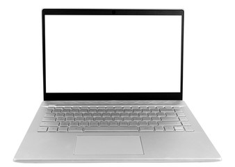 Laptop computer PC with blank screen mock up isolated on white background. Laptop isolated screen with clippin path. PC computer white screen with copy space. Empty space for text.