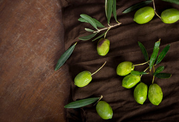 green olives and olive branch on a dark wooden board