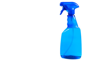 Blue plastic water spray bottle isolated on white background. Blue blank plastic spray detergent bottle isolated on white background. Empty space for text. Clipping path