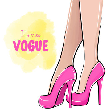 Vector girl in high heels. Fashion illustration. Female legs in pink shoes.