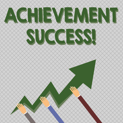 Conceptual hand writing showing Achievement Success. Concept meaning status of having achieved and accomplished an aim Hands Holding Zigzag Lightning Arrow Pointing and Going Up