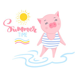 Cute vector pig. Cartoon illustration with funny animal.