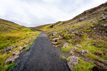 Reykjadalur, Iceland Hveragerdi Hot Springs road path during autumn morning day in golden circle landscape with nobody on trail hiking