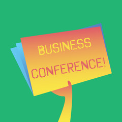 Text sign showing Business Conference. Business photo showcasing discuss trends and opportunity relating to the business Hand Holding and Raising Blank Space Colorful File Folder with Sheet Inside