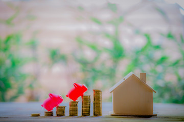 Small house add coin column The concept of saving money, investment properties
