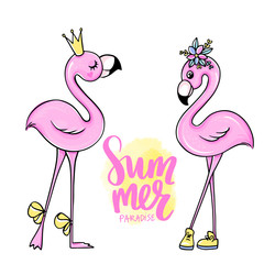Vector cute Pink flamingos set with crown and flowers.