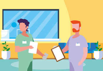 male medicine workers in clinic reception