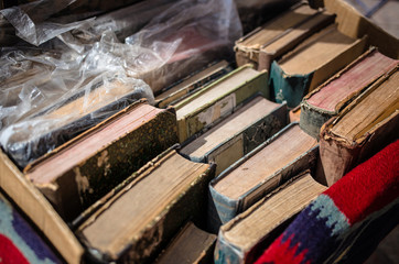 Old books, vintage shop sale. Background, retro concept