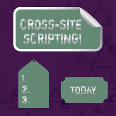Writing note showing Cross Site Scripting. Business concept for Security vulnerability mainly found in web application Color Label Self Adhesive Sticker with Border Corner and Tag
