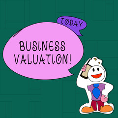 Handwriting text Business Valuation. Conceptual photo determining the economic value of a whole business Smiley Face Man in Necktie Holding Smartphone to his Head in Sticker Style