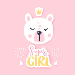 Vector Happy bear girl with crown. Awesome teddy bear. Doodle kids animals print.