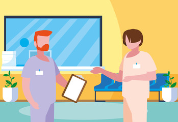 male medicine workers in clinic reception