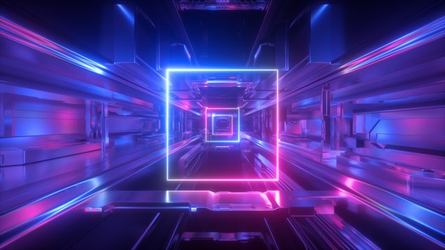 3d render, abstract futuristic geometric background, glowing square shape, neon light, tunnel, corridor, space station interior, geometric structure, cyber safety, virtual reality, ultraviolet