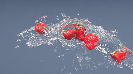 Fresh strawberries in water splash, 3d rendering
