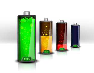 Set of realistic colored different size vector batteries with charge indicator on white background