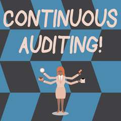 Writing note showing Continuous Auditing. Business concept for Internal process that examines accounting practices Woman with Four Arms Extending Sideways Workers Needed Item