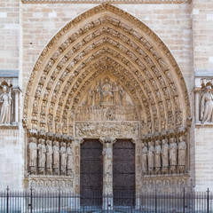 Paris, Notre-Dame cathedral in the ile de la Cite, the main door on the western facade