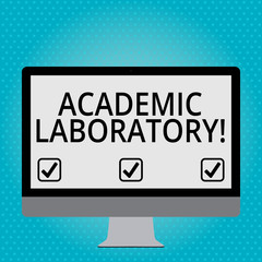 Fototapeta premium Handwriting text Academic Laboratory. Conceptual photo where students can go to receive academic support Blank White Computer Monitor WideScreen Mounted on a Stand for Technology
