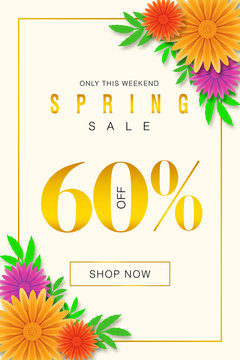 Special Spring sale offer 60% Off only for this weekend Promotional banner background with colorful flower