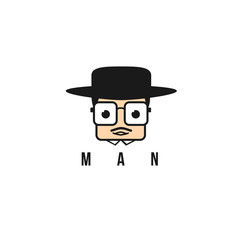 Illustration of the face of a man wearing glasses, and wearing a hat.