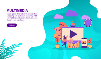 Naklejka premium Multimedia illustration concept with character. Template for, banner, presentation, social media, poster, advertising, promotion