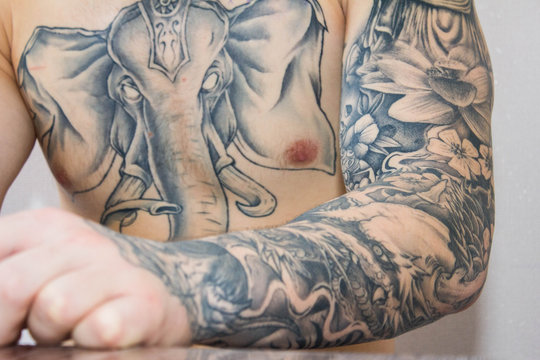 The Hand And The Chest Of Young Tattooed Man Sitting At The Table. Sleeve On The Left Hand And Elephant Tattoo On Petto. Stylish Guy With Black Tattoos On His Body. Art, Body Art, Tatoo Studio.