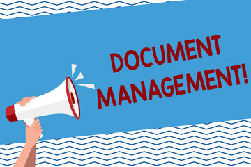 Conceptual hand writing showing Document Management. Concept meaning Computerized analysisagement of electronic documents Human Hand Holding Megaphone with Sound Icon and Text Space