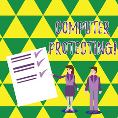 Word writing text Computer Protecting. Business photo showcasing protecting computer against unauthorized intrusions Man and Woman in Business Suit Presenting Report of Check and Lines on Paper