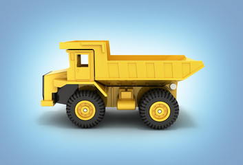 Yellow toy dump truck isolated on blue gradient background 3d render