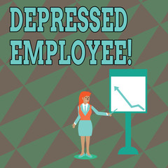 Text sign showing Depressed Employee. Business photo text worker in a state of general unhappiness or despondency Businesswoman Holding Stick Pointing to Chart of Arrow Upward on Whiteboard