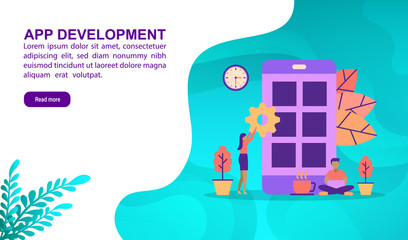Naklejka premium App development illustration concept with character. Template for, banner, presentation, social media, poster, advertising, promotion