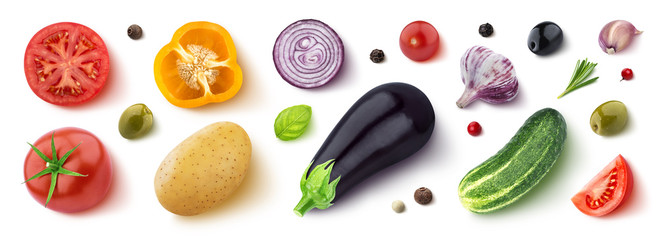 Assortiment van verschillende groenten, kruiden en specerijen, plat gelegd, bovenaanzicht