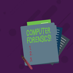 Conceptual hand writing showing Computer Forensics. Concept meaning the investigative analysis techniques on computers Lined Paper Stationery Partly into View from Pastel Folder