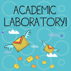 Conceptual hand writing showing Academic Laboratory. Concept meaning where students can go to receive academic support Colorful Airmail Letter Envelopes and Two of Them with Wings