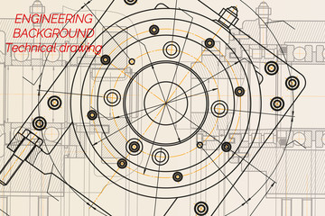 Mechanical engineering drawings on light background. Milling machine spindle. Technical Design. Cover. Blueprint.