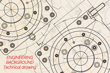 Mechanical engineering drawings on light background. Milling machine spindle. Technical Design. Cover. Blueprint.