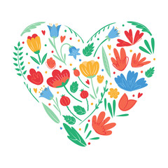 Heart shape of flowers for greeting card. To celebrate mother's day, Valentine's day. Romantic postcard. Vector illustration isolated on white background