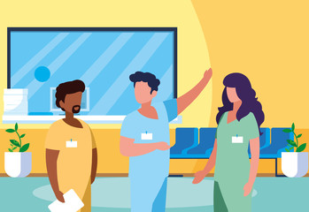 interracial group medicine workers in clinic reception