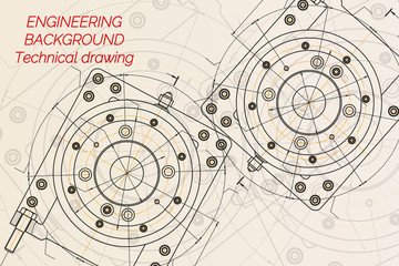 Mechanical engineering drawings on light background. Milling machine spindle. Technical Design. Cover. Blueprint.