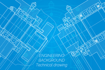 Mechanical engineering drawings on blue background. Milling machine spindle. Technical Design. Cover. Blueprint.
