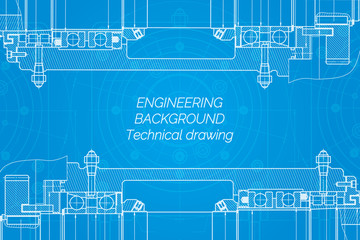 Mechanical engineering drawings on blue background. Milling machine spindle. Technical Design. Cover. Blueprint.