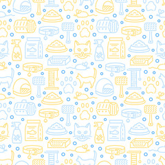 Cat and veterinary pets accessories outline icons seamless pattern