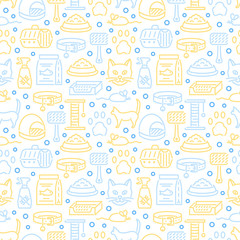 Cat and veterinary pets accessories outline icons seamless pattern