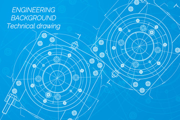 Obraz premium Mechanical engineering drawings on blue background. Milling machine spindle. Technical Design. Cover. Blueprint.