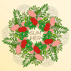Summer floral background in the form of a wreath of flowers and green leaves. For the design of postcards, brochures
